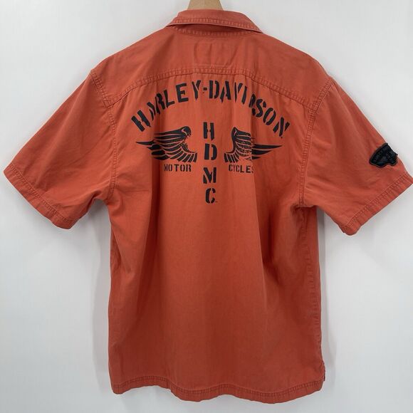 Harley Davidson Men M Orange Motorcycle Button Down Short Sleeve Shirt Medium - Picture 6 of 10